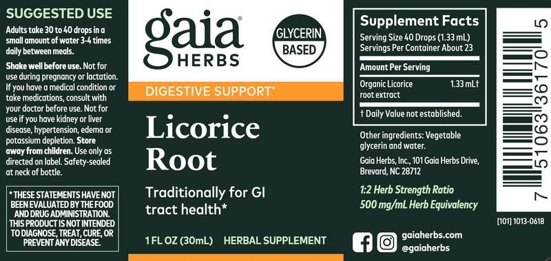 Licorice Root, Glycerin Based 1oz (Gaia Herbs) Label