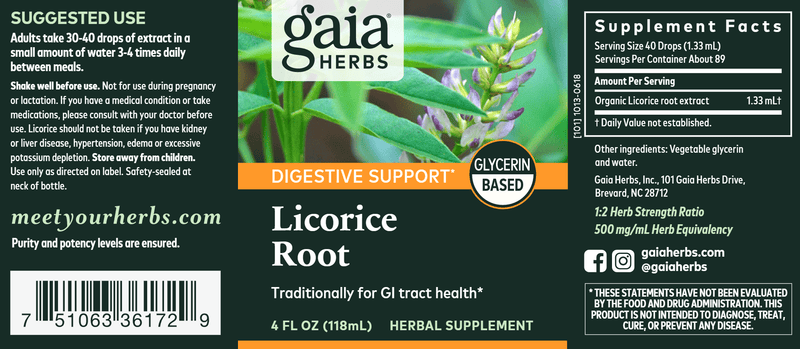 Licorice Root, Glycerin Based 4oz (Gaia Herbs) Label