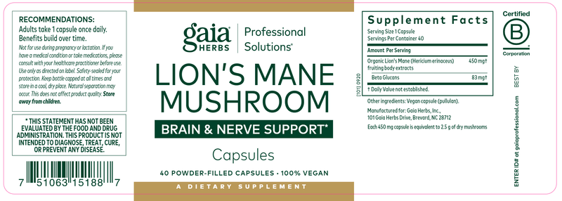 Lion's Mane Mushroom (Gaia Herbs Professional Solutions) label