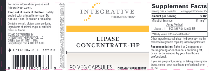 Lipase Concentrate HP – High Potency (Integrative Therapeutics) Label