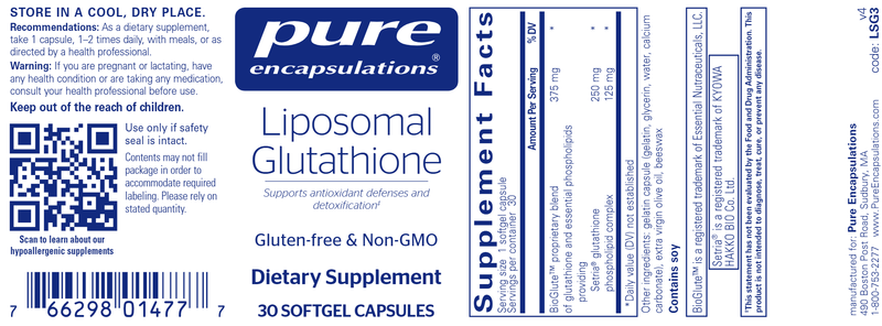 Liposomal Glutathione 30 caps (Pure Encapsulations) label