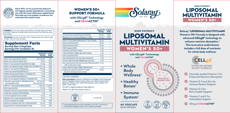 Liposomal Women's 50+ MultiVitamin Solaray label