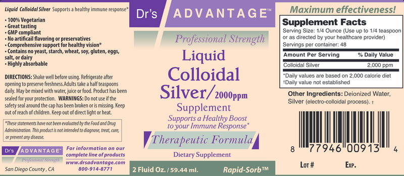 Liquid Colloidal Silver 2000 ppm (Drs Advantage) Label