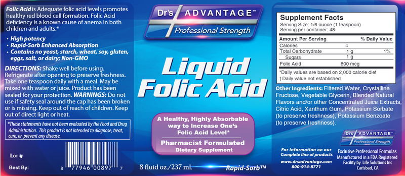 Liquid Folic Acid Supplement (Drs Advantage) Label