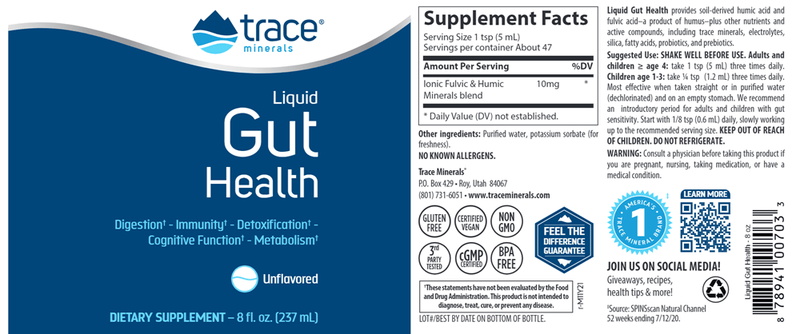 Liquid Gut Health 8oz Trace Minerals Research label