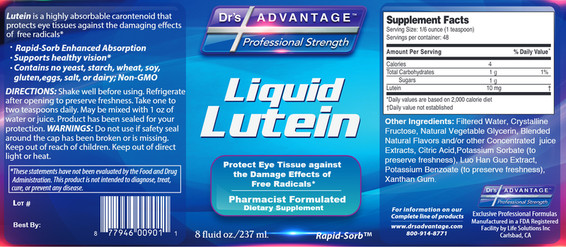 Liquid Lutein Supplement (Drs Advantage) Label