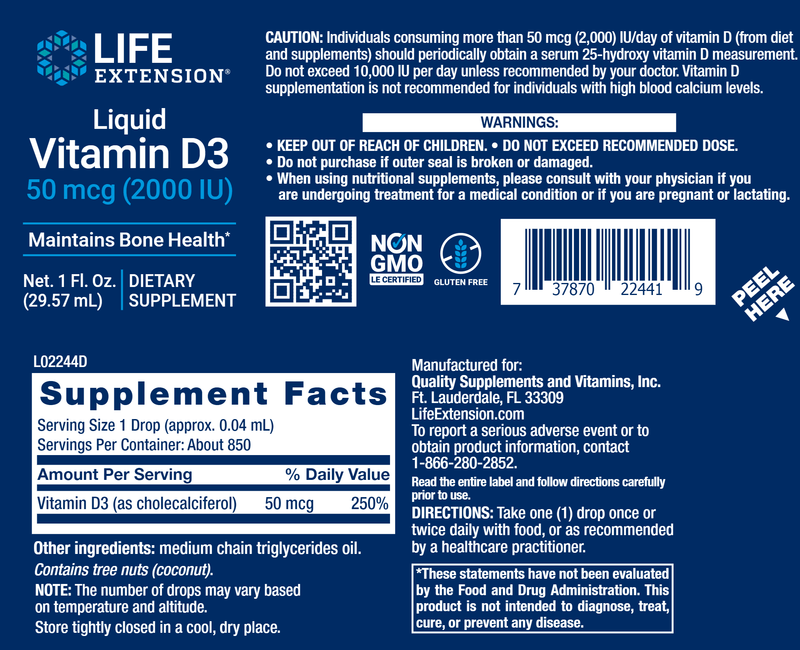 Liquid Vitamin D3 (Life Extension) Label