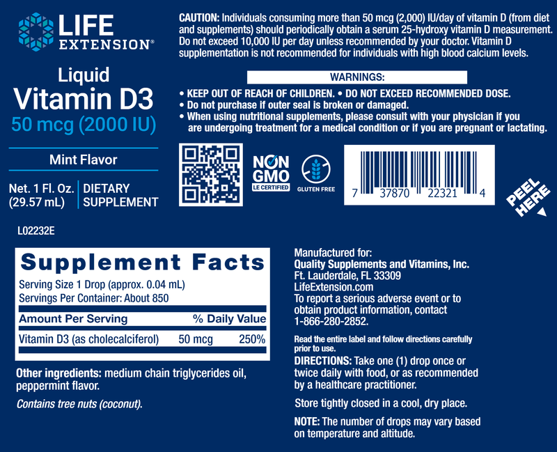 Liquid Vitamin D3 (Mint) (Life Extension) Label