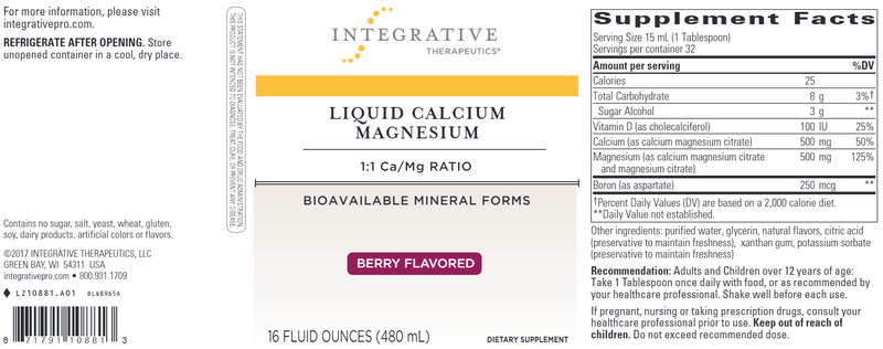 Liquid Calcium / Magnesium 1:1 Berry Flavor 16oz (Integrative Therapeutics) Label