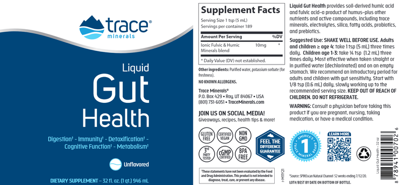 Liquid Gut Health 32oz Trace Minerals Research label