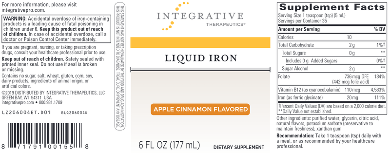 Liquid Iron 6oz Apple Cinnamon (Integrative Therapeutics) Label