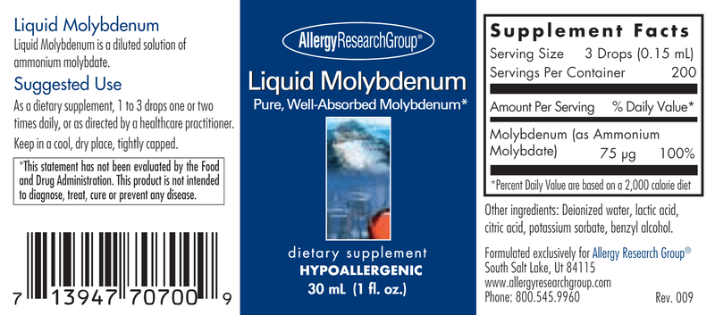 Liquid Molybdenum (Allergy Research Group) label