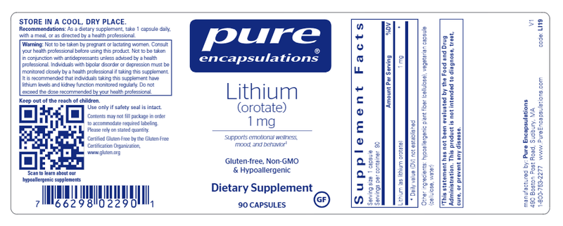 Lithium (Orotate) 1 Mg (Pure Encapsulations) label