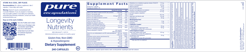 Longevity Nutrients (Pure Encapsulations) 240ct label