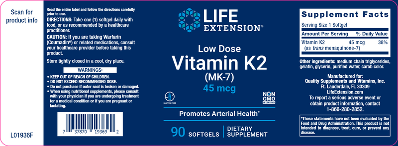 Low Dose Vitamin K2 (Life Extension) Label