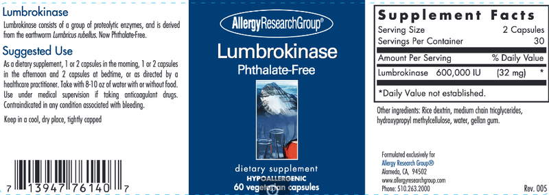 Lumbrokinase Allergy Research Group Label