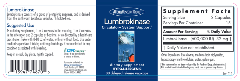 Lumbrokinase Delayed Release (Allergy Research Group) label