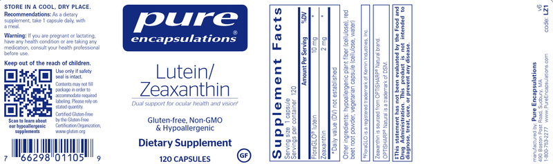 Lutein Zeaxanthin 120 caps (Pure Encapsulations) label