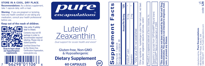 Lutein Zeaxanthin 60 caps (Pure Encapsulations) label