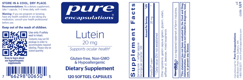 Lutein 20 Mg 120 caps (Pure Encapsulations) label