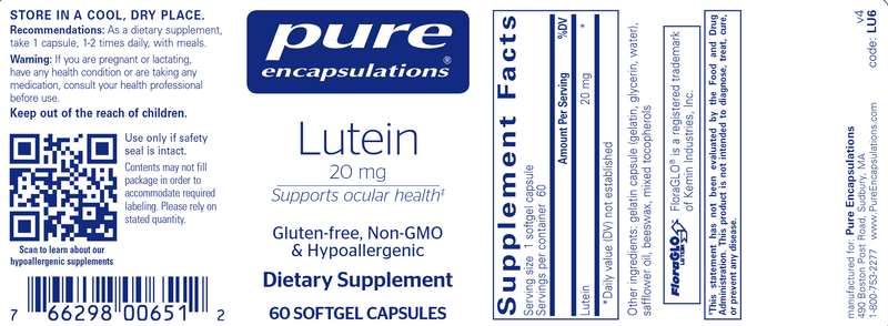 Lutein 20 Mg 60 caps (Pure Encapsulations) label