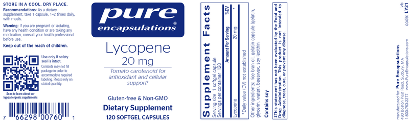 Lycopene 20 Mg 120 caps (Pure Encapsulations) label