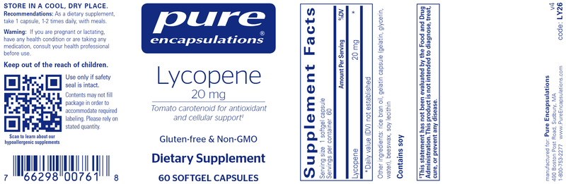 Lycopene 20 Mg 60 caps (Pure Encapsulations) label