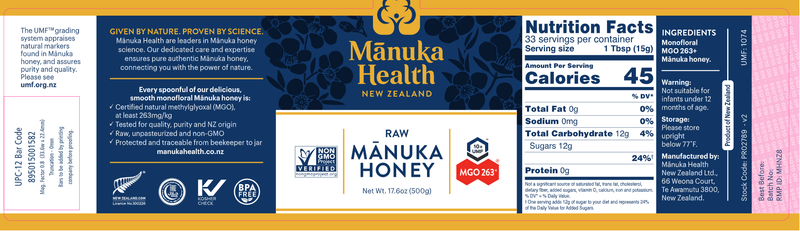 MGO 263 Manuka Honey (Manuka Health) 17.6 oz Label