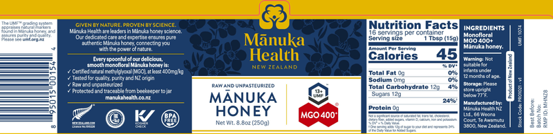 MGO 400+ Manuka Honey (Manuka Health) 8.8oz Label