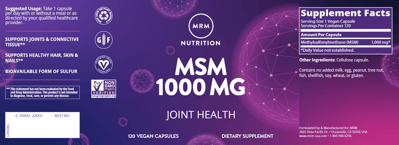 MSM 1000 mg (Metabolic Response Modifier) Label