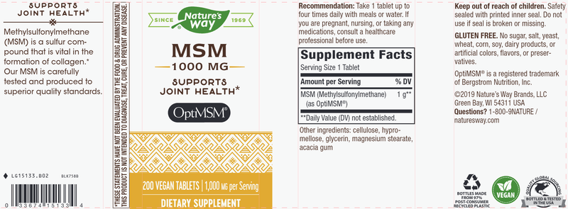 MSM 1000 mg (Nature's Way) Label