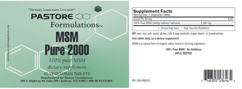 MSM 2000 mg (Pastore Formulations) Label