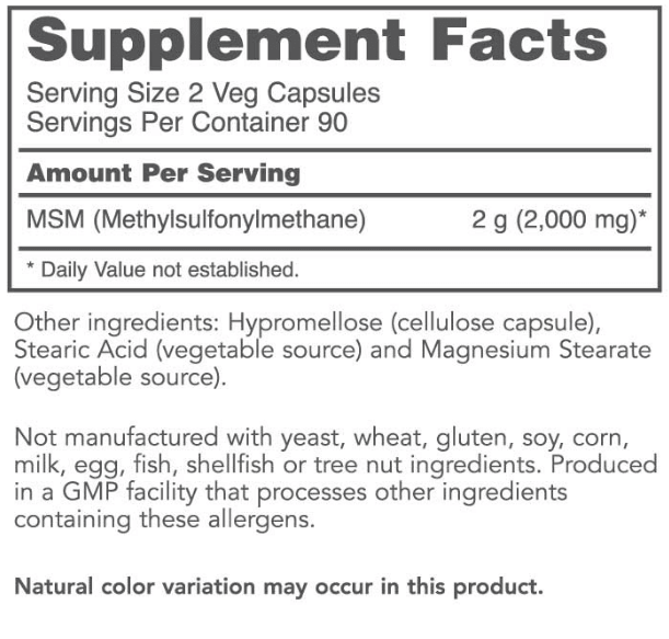 MSM Bio-Available Sulfur (Protocol for Life Balance) Supplement Facts