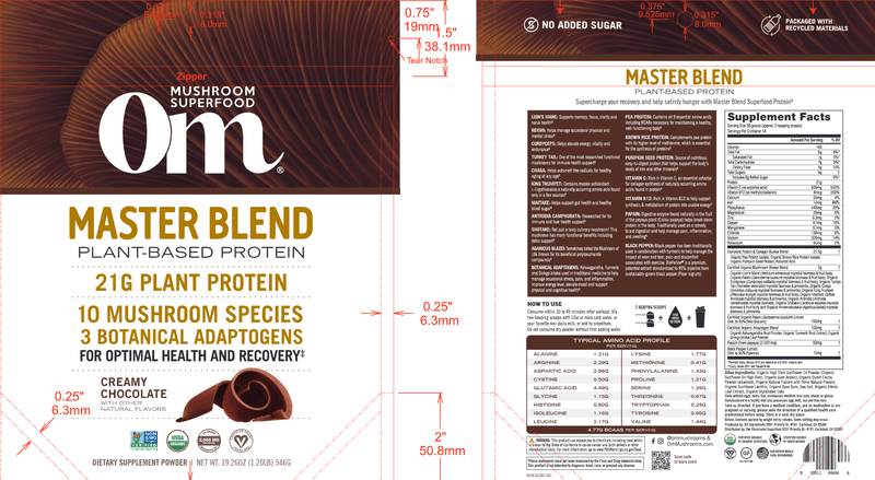 MUSHROOM MASTER BLEND CHOCOLATE PROTEIN (Om Mushrooms) label