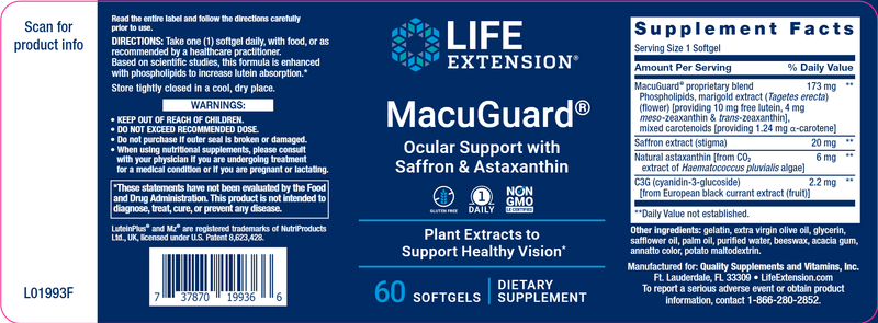 MacuGuard Ocular Support with Saffron & Astaxanthin (Life Extension) Label