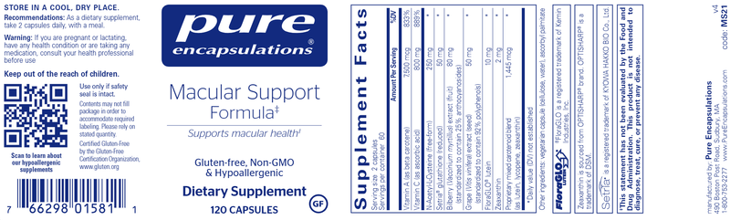Macular Support Formula 120 caps (Pure Encapsulations) label