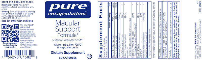 Macular Support Formula 60 caps (Pure Encapsulations) label
