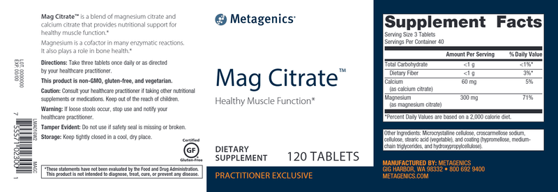 Mag Citrate (Metagenics) Label