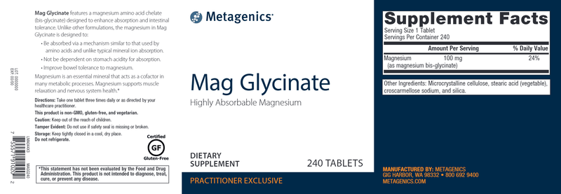 Mag Glycinate (Metagenics) 240ct Label