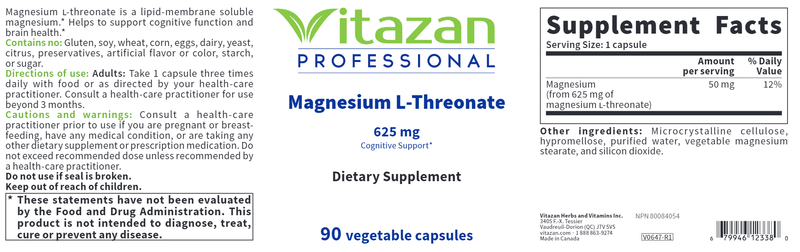Magnesium L-Threonate (Vitazan Pro) Label