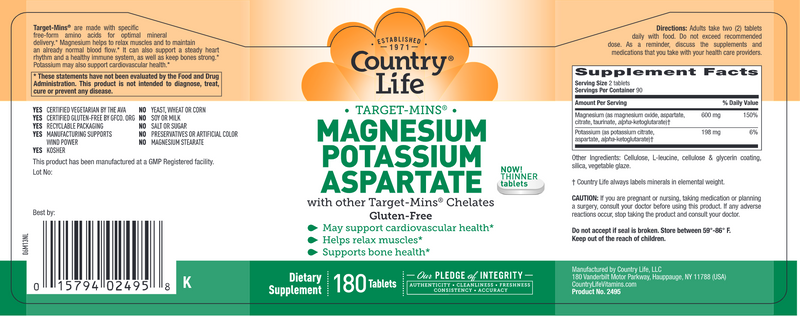 Magnesium Potassium Aspartate (Country Life) Label