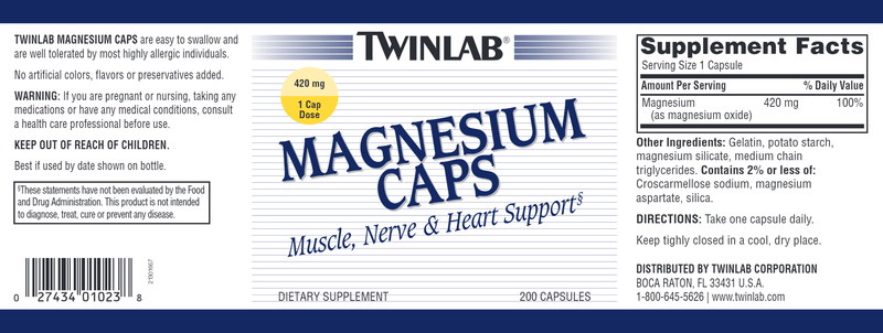 Magnesium 200 Caps Twinlab Label