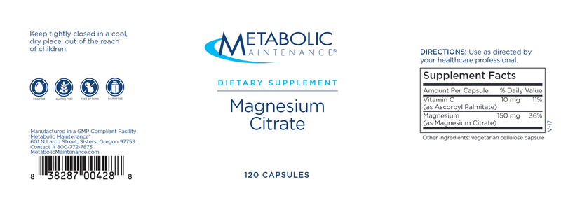 Magnesium Citrate (Metabolic Maintenance) 120ct Label