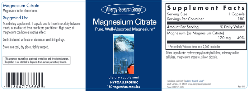 Magnesium Citrate 180ct Allergy Research Group label