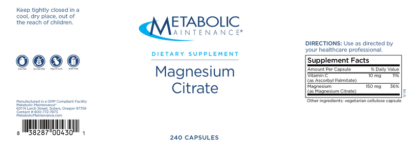 Magnesium Citrate (Metabolic Maintenance)  240ct Label