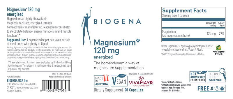 Magnesium Energized 120 mg Biogena Label