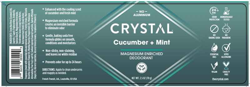 Magnesium Enriched Cucumber & Mint Deodorant Stick (Crystal) Label