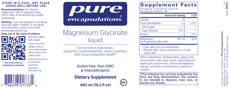 Magnesium Glycinate Liquid (Pure Encapsulations) label