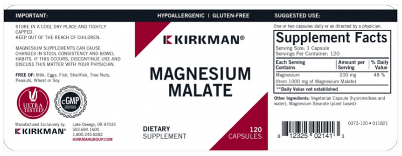 Magnesium Malate 1000 mg (Kirkman Labs) Label