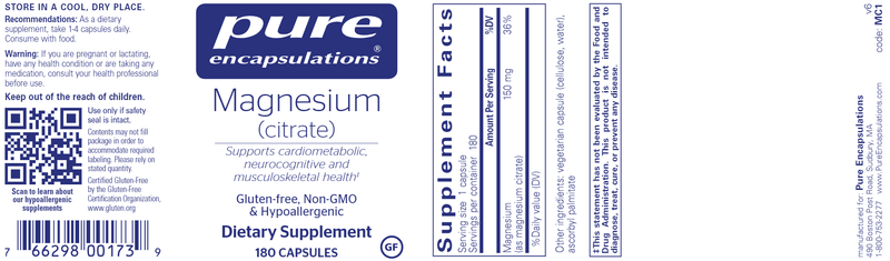 Magnesium (citrate) 180 caps - (Pure Encapsulations) label